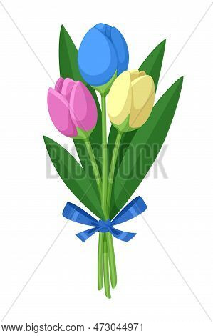 Vector Bouquet Of Tulips. A Small Cute Spring Bouquet Of Three Tulips - Blue, Yellow And Pink. Holid