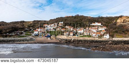 Runswick Bay, North Yorkshire, Uk - March 11, 2023.  An Aerial View From The Sea Of The Pretty Coast