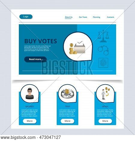Buy Votes Flat Landing Page Website Template. Masked, Trap, Venal. Web Banner With Header, Content A