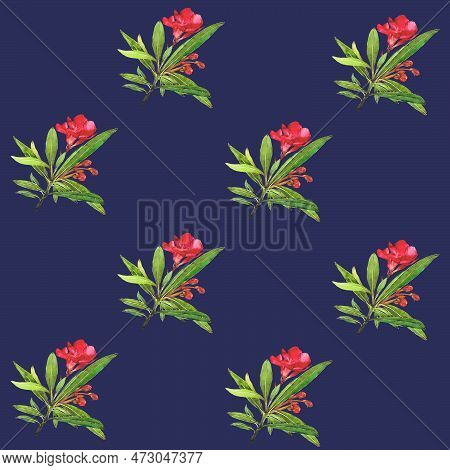 Watercolor Illustration Of Oleander. Set With Flowers And Leaves. Hand-drawn Isolated Clip Art On A 