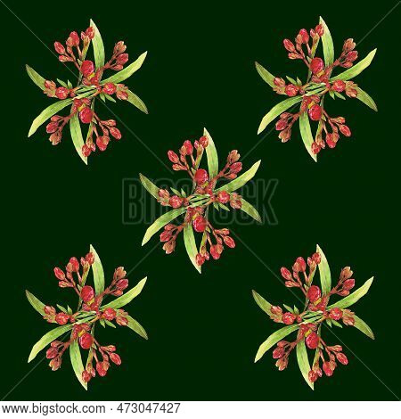 Watercolor Illustration Of Oleander. Set With Flowers And Leaves. Hand-drawn Isolated Clip Art On A 