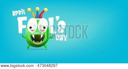 April Fools Day Funky Horizontal Banner With Silly Green Clown Monster Character Isolated On Blue Ba