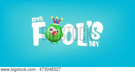 April Fools Day Funky Horizontal Banner With Silly Green Clown Monster Character Isolated On Blue Ba