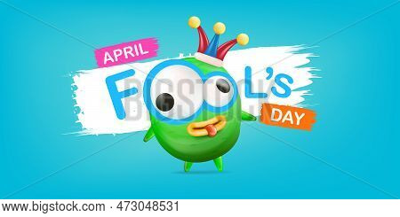 April Fools Day Funky Horizontal Banner With Silly Green Clown Monster Character Isolated On Blue Ba