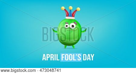 April Fools Day Funky Horizontal Banner With Silly Green Clown Monster Character Isolated On Blue Ba