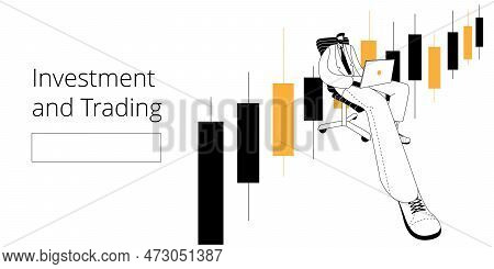 A Man With A Laptop Is Studying Stock Indexes. Vector Illustration On The Topic Of Trading. Horizont