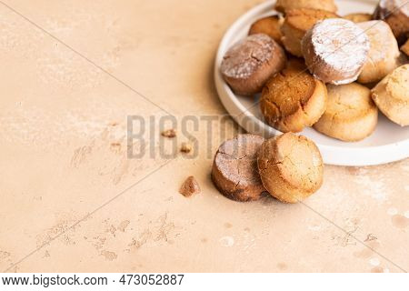 Variety Of Spanish Shortbreads Mantecados, Polvorones, Nevaditos. Typical Sweets Consumed At Christm