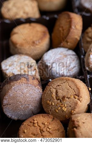 Variety Of Spanish Shortbreads Mantecados, Polvorones, Nevaditos. Typical Sweets Consumed At Christm