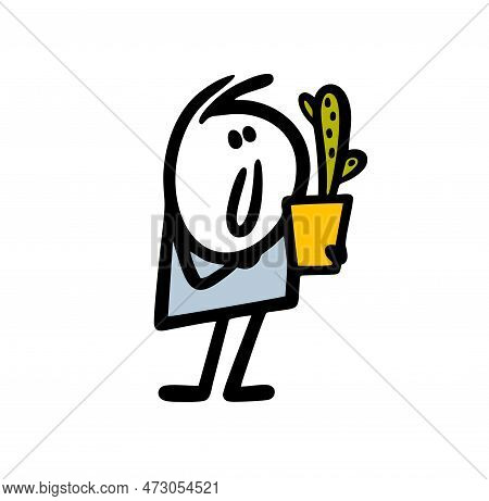 Cute Stickman Amateur Gardener Holds A Pot With A Cactus Flower In His Hands.