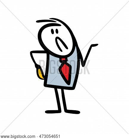 Very Sad Stickman Businessman Shows An Empty Pocket And Lack Of Money.