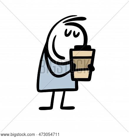 Happy Stick Figure Boy With Close Eyes Holds A Big Cup Of Coffee From Cafe To Go.