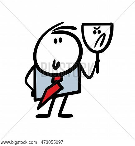 Doodle Businessman, A Kind Director Of A Large Company, Holds A Mask In His Hand And Pretends To Be