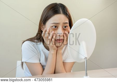Bored, Insomnia Asian Young Woman, Girl Looking At Mirror Hand Touching Under Eyes With Problem Of B