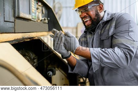 Worker With Accident At Factory, People With Injury From Hard Work In Factory