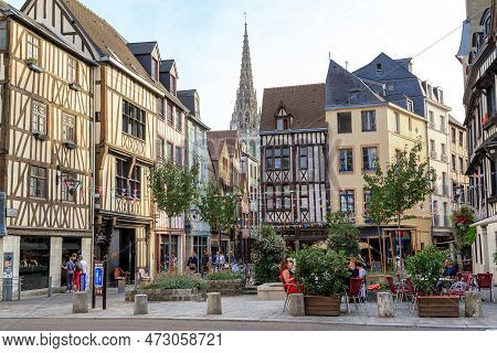 Rouen, France - August 31, 2019: Undefined People In Cafe On The Old Lieutenant Aubert Square With M