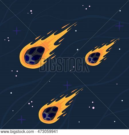 Flying Asteroid, Burning Comet On Background Of Night Sky. Astronomical Object With Tail Vector Desi