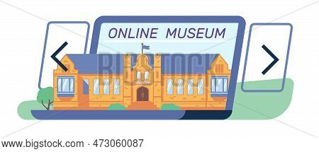 Online Museum In Modern Laptop. Art And History Web Exhibition Showing. Internet Gallery. Virtual Ex