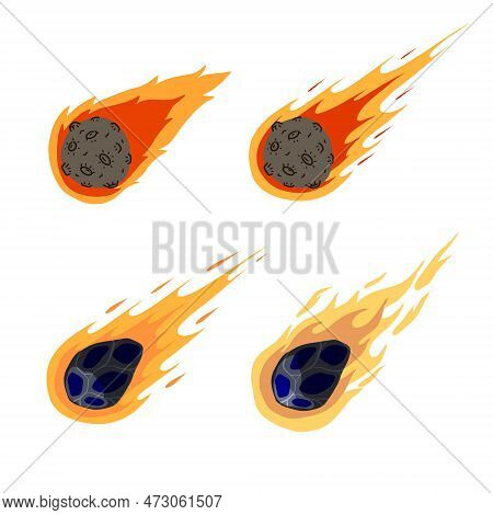Flying Asteroid, Burning Comet. Astronomical Object With Tail Vector Design Illustration. Set Of Dan