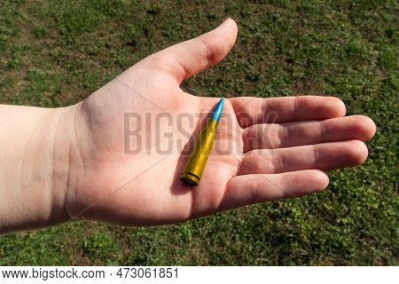 Yellow-blue Rifle Cartridge In Hand Against The Background Of Green Grass (national Symbols Of Ukrai