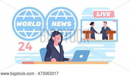 News Anchor Delivers Newscast With Live Report On Screen. Television Broadcast. Newscaster At Desk W