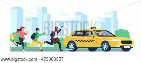 People Running For Cab In Hurry. Rushing Men And Women. Yellow Automobile. City Traffic. Taxi Servic
