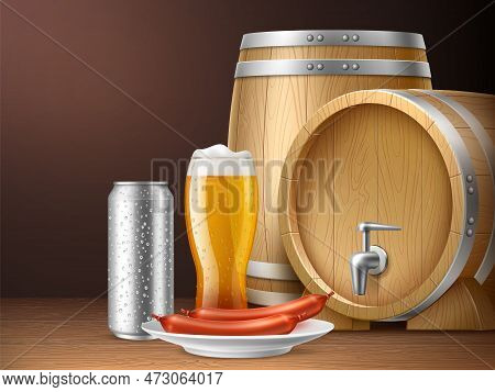 Beer And Barrel Background. Realistic Wooden Container For Storing Alcoholic Drinks, Glass Goblet, T