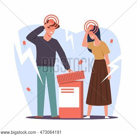 Man And Woman Suffering From Headaches, Holding Their Heads. Huge Painkillers Bottle, Migraine Diagn