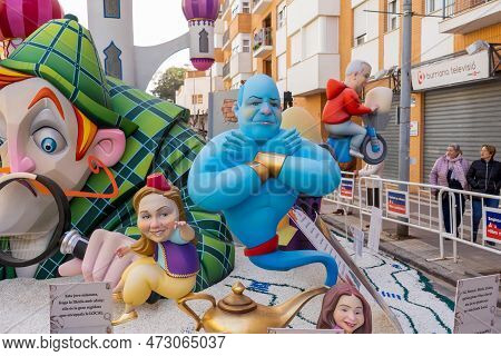Burriana, Spain 18-03-2023: View Of The Sculpted Monument For Its Exhibition And Its Burning In The 