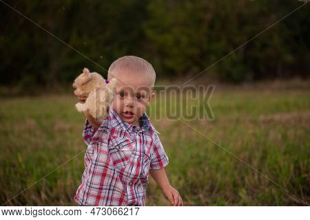 Little Boy In Cage Shirt Hugs Soft Toy. Todder With Emotions Walks In Mowing Green-yellow Field At S