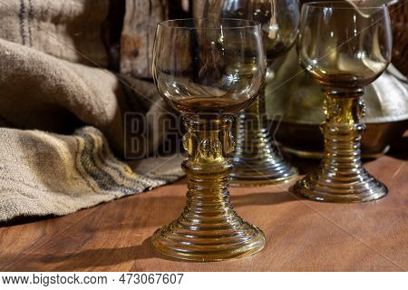 Empty Antique German Glassware, Old Dutch Style Rummer Or Roemer Glasses