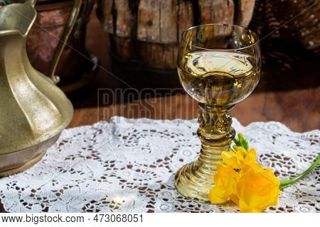 Antique German Glassware, Old Dutch Style Rummer Or Roemer Glasses With White Wine On White Lace Tab