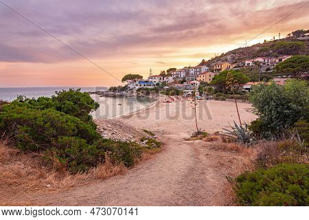View At Sunset Over Sandy Beach Of Little Village Seccheto At Elba