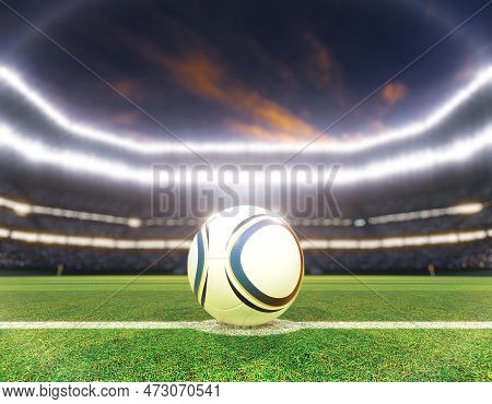 A Soccer Ball On The Centre Line Of A Soccer Stadium With Goals On A Marked Green Grass Pitch Under 