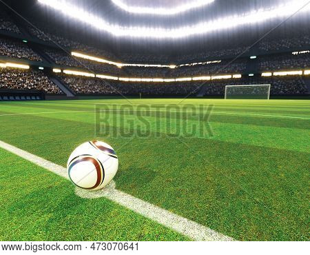 A Soccer Ball On The Centre Line Of A Soccer Stadium With Goals On A Marked Green Grass Pitch Under 