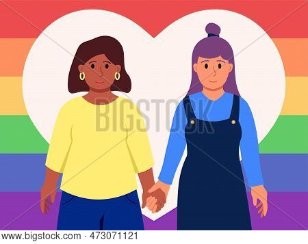 Two Girlfriends Holding Hands With Heart And Raindow Flag On The Background Flat Style Illustration