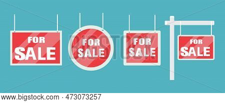 House Sale Sign Set Of Red Signs On A White Wooden Stand Eps10