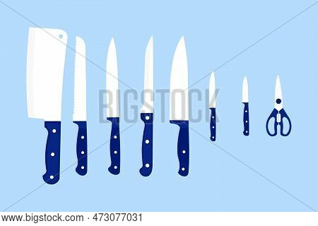 Flat Vector Knife Collection With White And Blue Color. Chef Knife, Kitchen Scissor, Kitchen Utensil