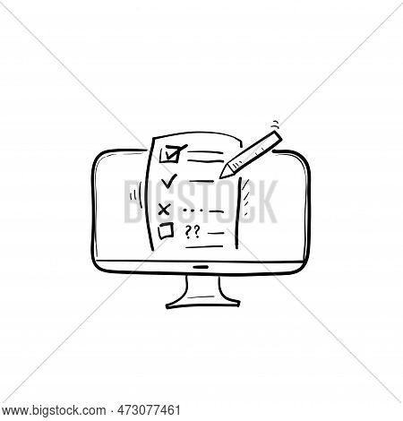 Hand Drawn Online Exam, Checklist And Pencil, Taking Test, Choosing Answer, Questionnaire Form, Educ