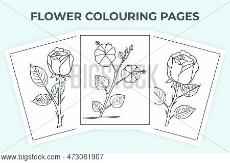 Flower Coloring Page Line Art Vector. Hand Drawn Floral Ornament. Red Flowers Coloring Pages. Kids C