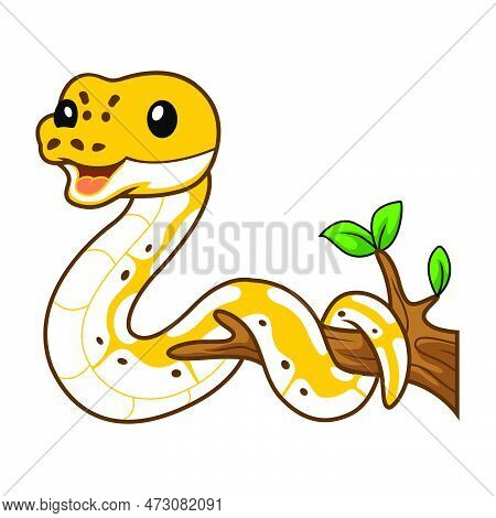 Vector Illustration Of Cute Pastel Ivory Ball Python Cartoon On Tree Branch