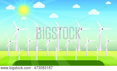 Windmills In Different Sizes And Shapes On A Green Field. Producing Electricity From Windmills Using