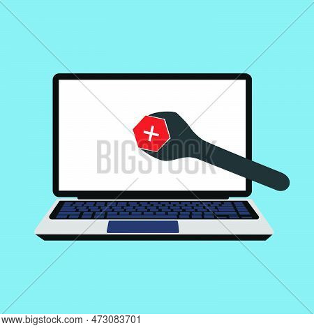 Fixing Hardware Or Software On Laptop Concept Vector. Wrench Fixing Computer Program. Fixing Compute