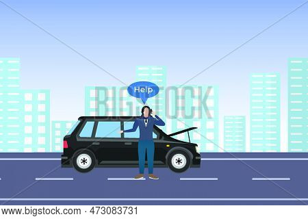 A Man Wearing A Suit, Asking For Help On His Mobile For A Broken Car. A Car Broke Middle Of An Urban