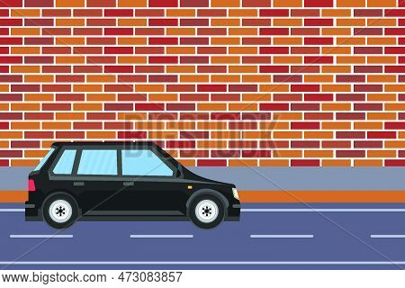Black Car Running Beside A Brick Wall And Urban Road Vector. Cityscape Area With A Black Car Running