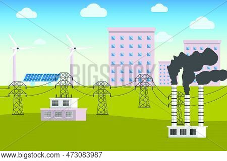 Electrical Power Supply With Long Electric Pillar Vector Concept. Electricity Production With Solar 
