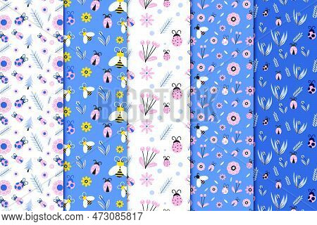 Insects Seamless Pattern Collection Vector With Flowers And Leaves. Beautiful Endless Pattern Bundle