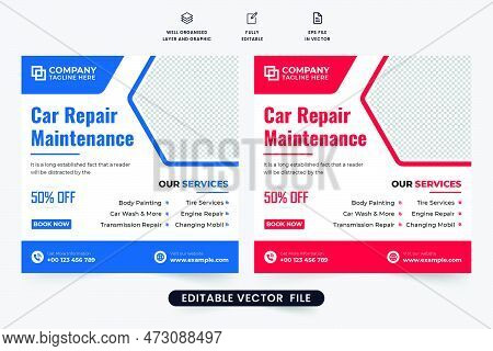 Automobile Business Template Design With Red And Blue Colors. Creative Car Maintenance Service Socia