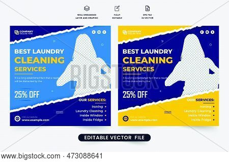 Laundry Cleaning Service Social Media Post Vector With Yellow And Blue Colors. Laundry Service Promo