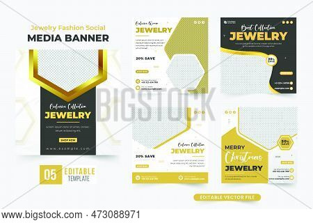 Modern Jewelry Fashion Social Media Post Set Vector With Golden And Dark Colors. Ornaments Promotion