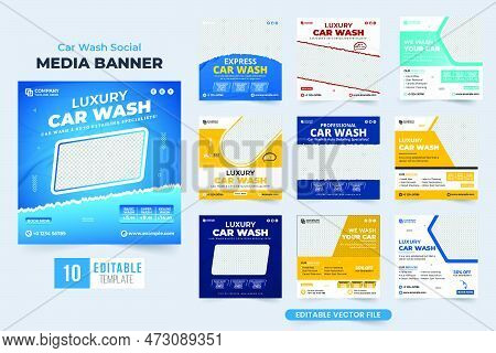 Car Cleaning And Repair Business Promotional Template Collection With Blue And Yellow Colors. Car Wa